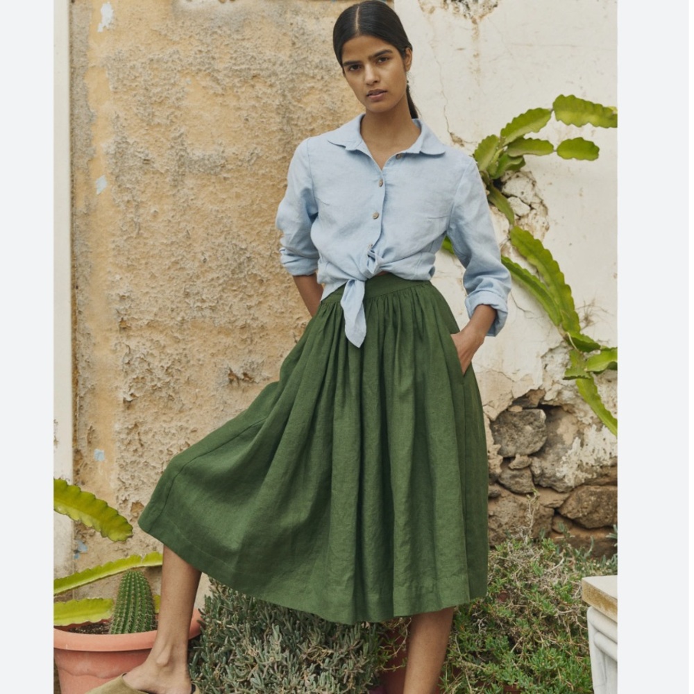 notPERFECTLINEN 1950s CITY flat front linen skirt XL Juniper Green